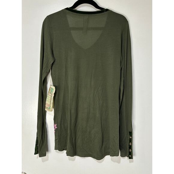 Aratta Green Floral Long Sleeve Top Size Sm/Med NWOT Embroidery Velvet Accents - Picture 8 of 12